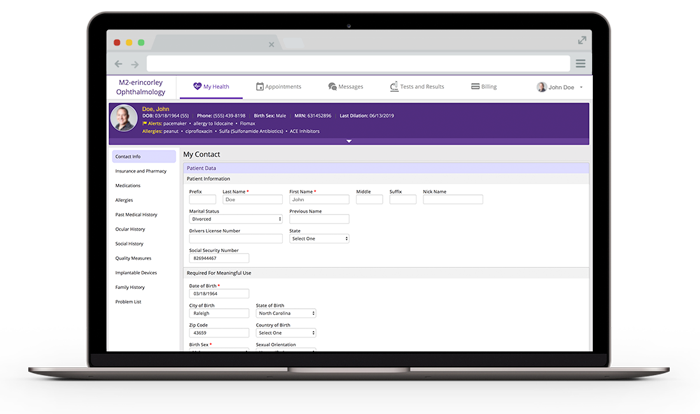 A patient at the front desk while staff is scheduling an appointment with practice management and EMA, an ophthalmology PM software suite