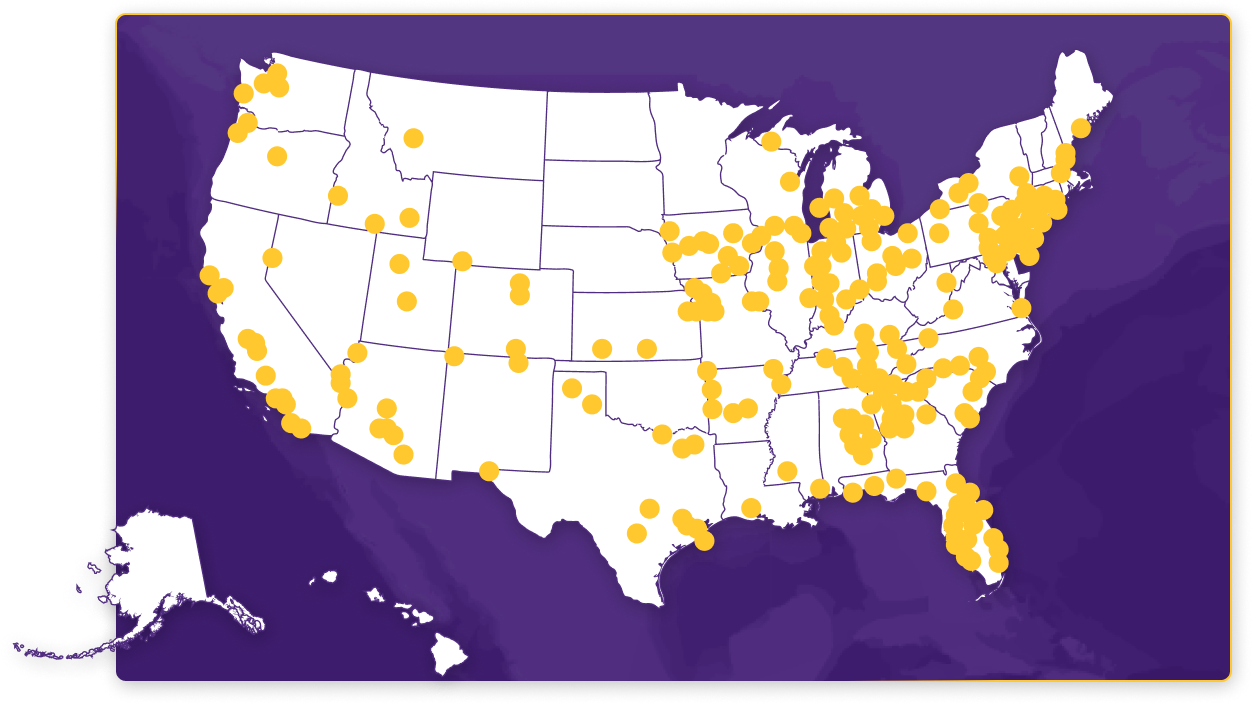 Map of the United States showing pins where ModMed Podiatry practices are located. 