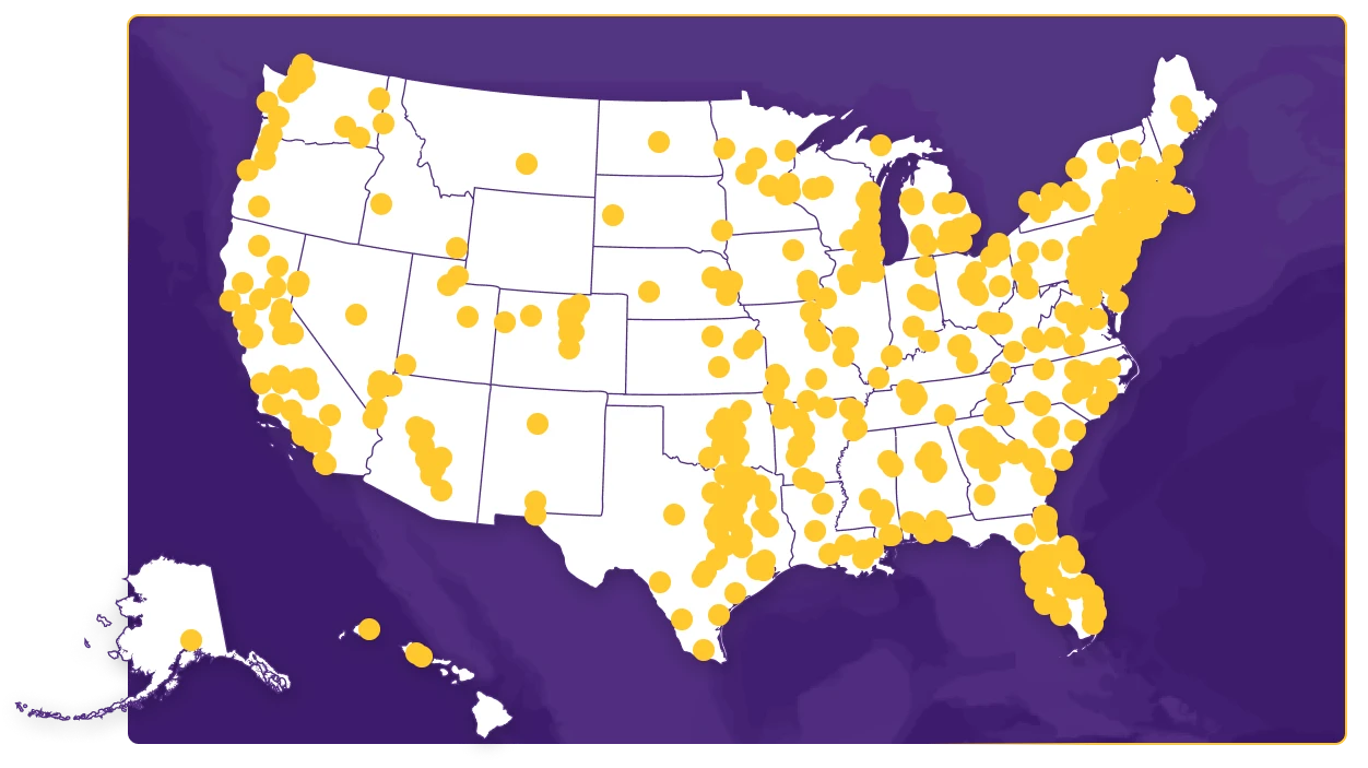 Map of the 50 US states with pins marking the locations of ophthalmology practices that use ModMed.