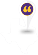 Graphic of the state of Texas with a map pin marker and quotation marks