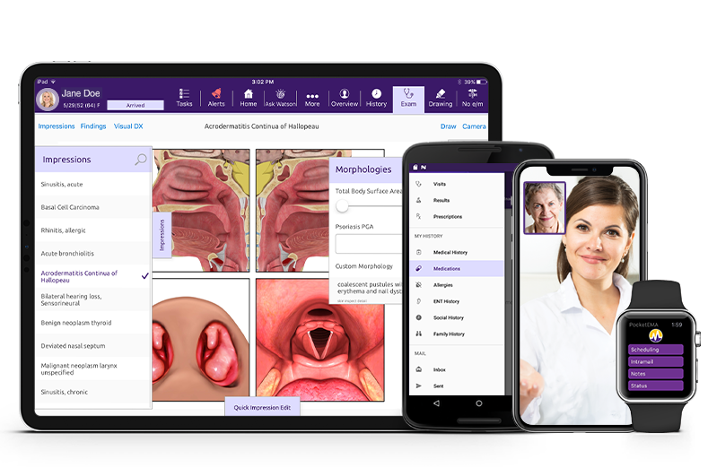 ModMed Otolaryngology software suite on iPad, iPhone, Android phone, and Apple Watch