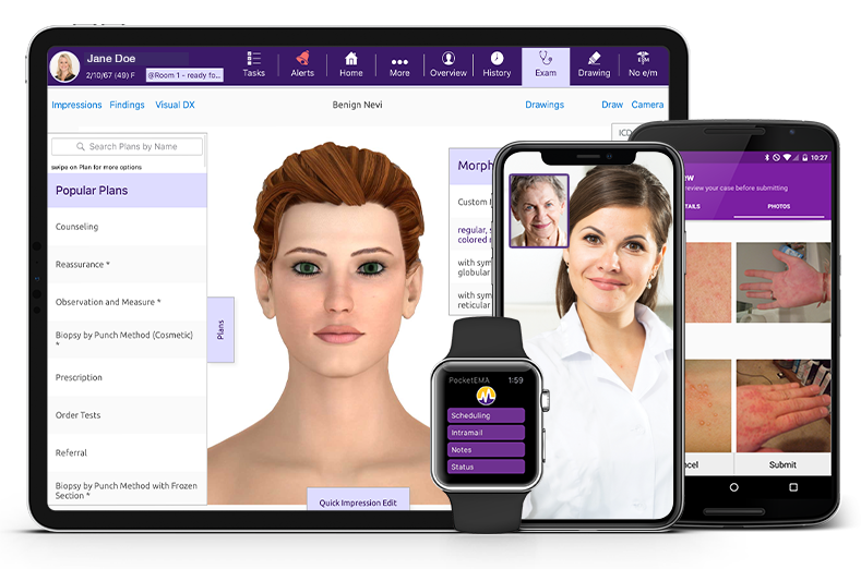 ModMed Dermatology software suite on iPad, iPhone, Android phone, and Apple Watch