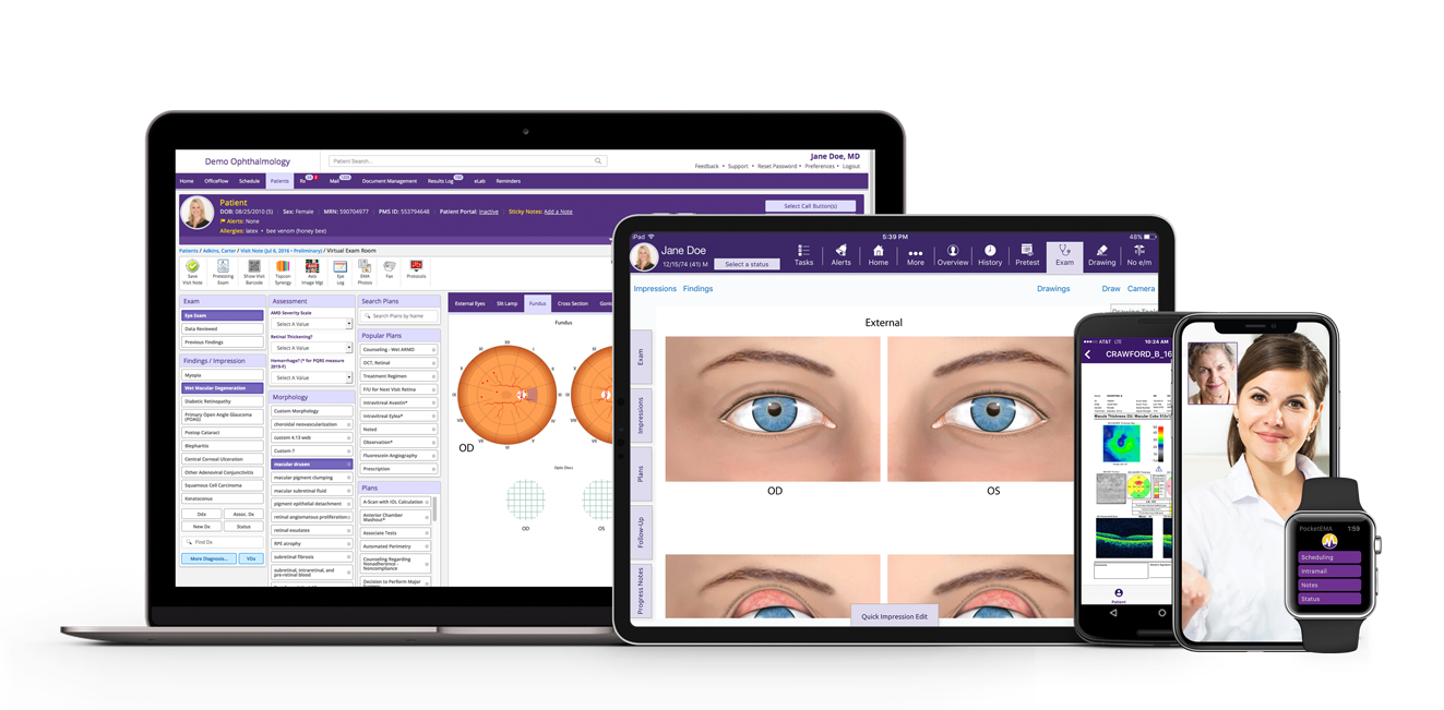 ModMed ophthalmology EHR and software suite for iPad, iPhone, Android phone and Apple Watch