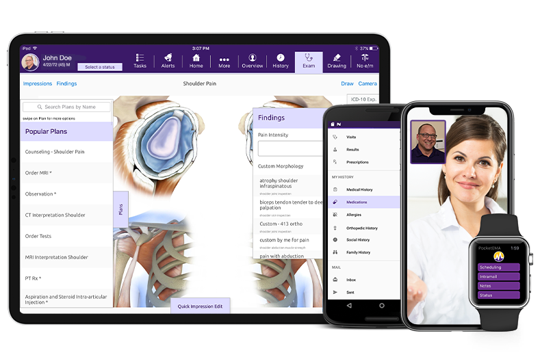 ModMed Pain Management software suite on iPad, iPhone, Android phone, and Apple Watch