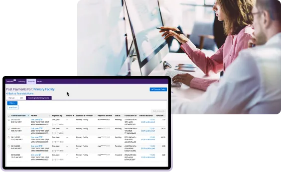 A woman checking her RCM dashboard and an image of the practice’s posted payments.