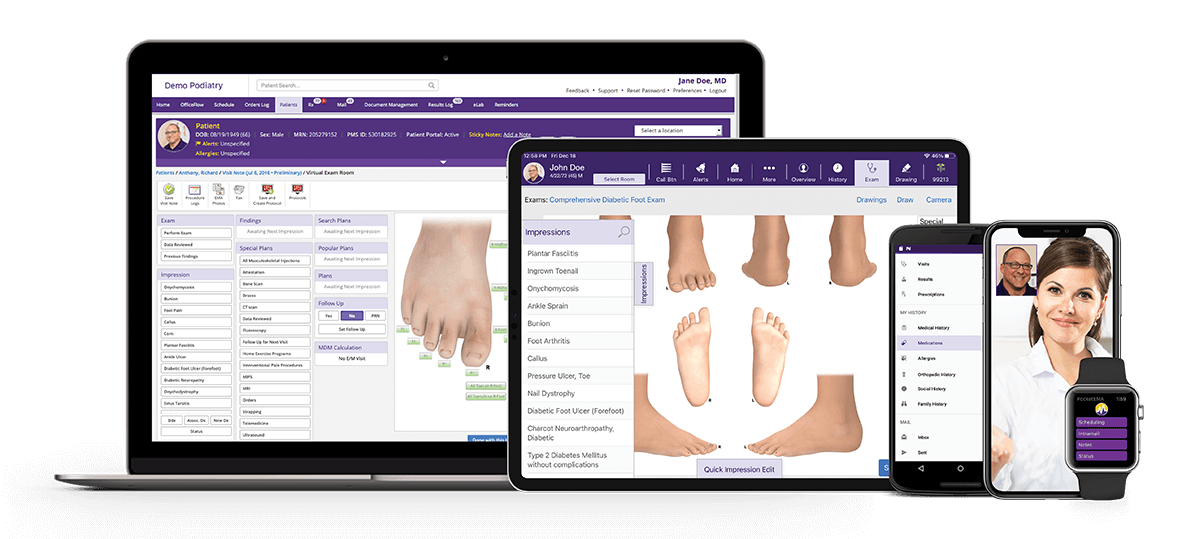 ModMed Podiatry, seen on browser, iPad, smartphones and Apple Watch