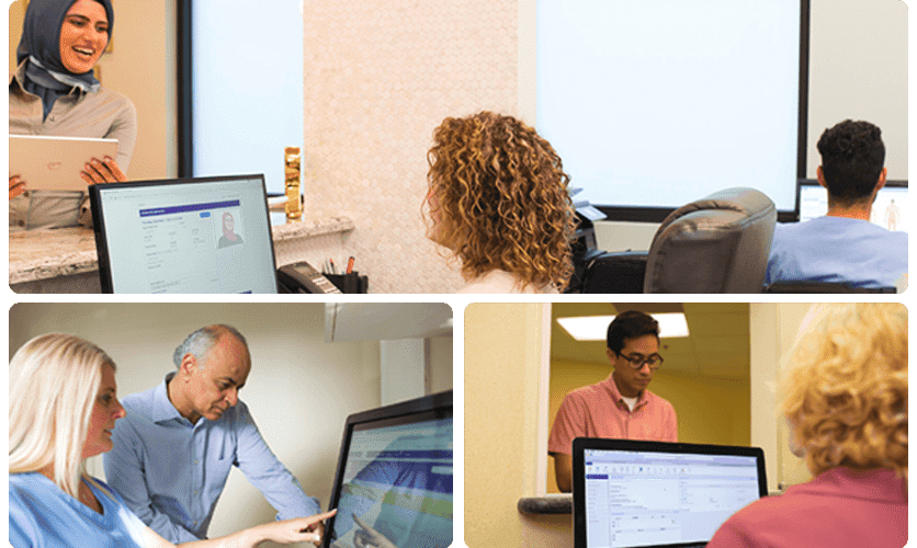 A woman returns her iPad to the front desk at a medical practice. Practice staff discuss patient details displayed in Practice Management. A patient pays their bill and makes their next appointment. + with Blackbook