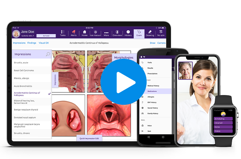 ModMed Otolaryngology software suite on iPad, iPhone, Android phone, and Apple Watch with Black Book seal