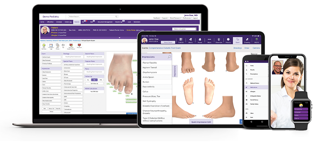 EHR interfaces on desktop, iPad, smartphone, Apple Watch